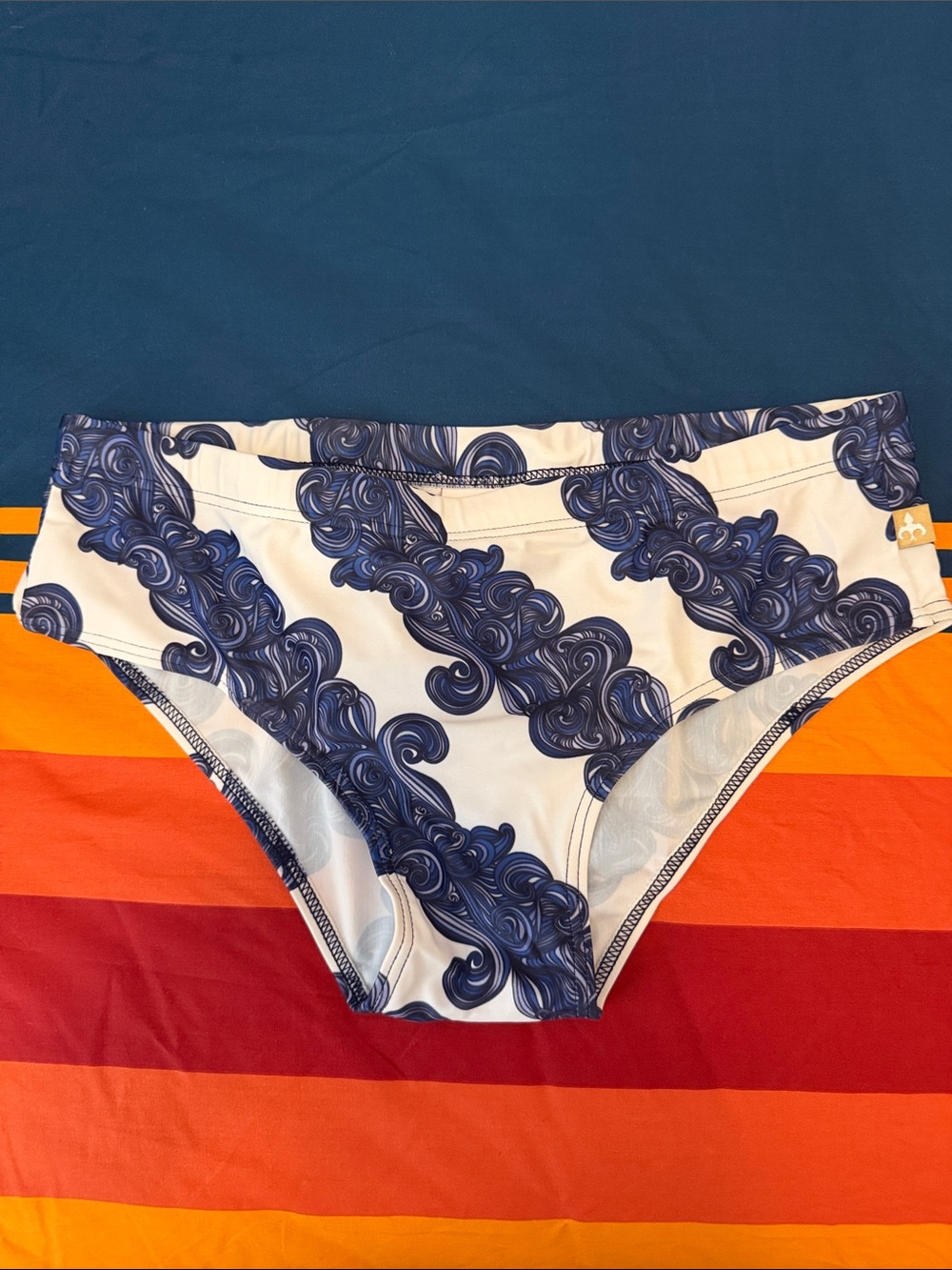 Men's White Swim Bikini Brief with Navy Swirl Print